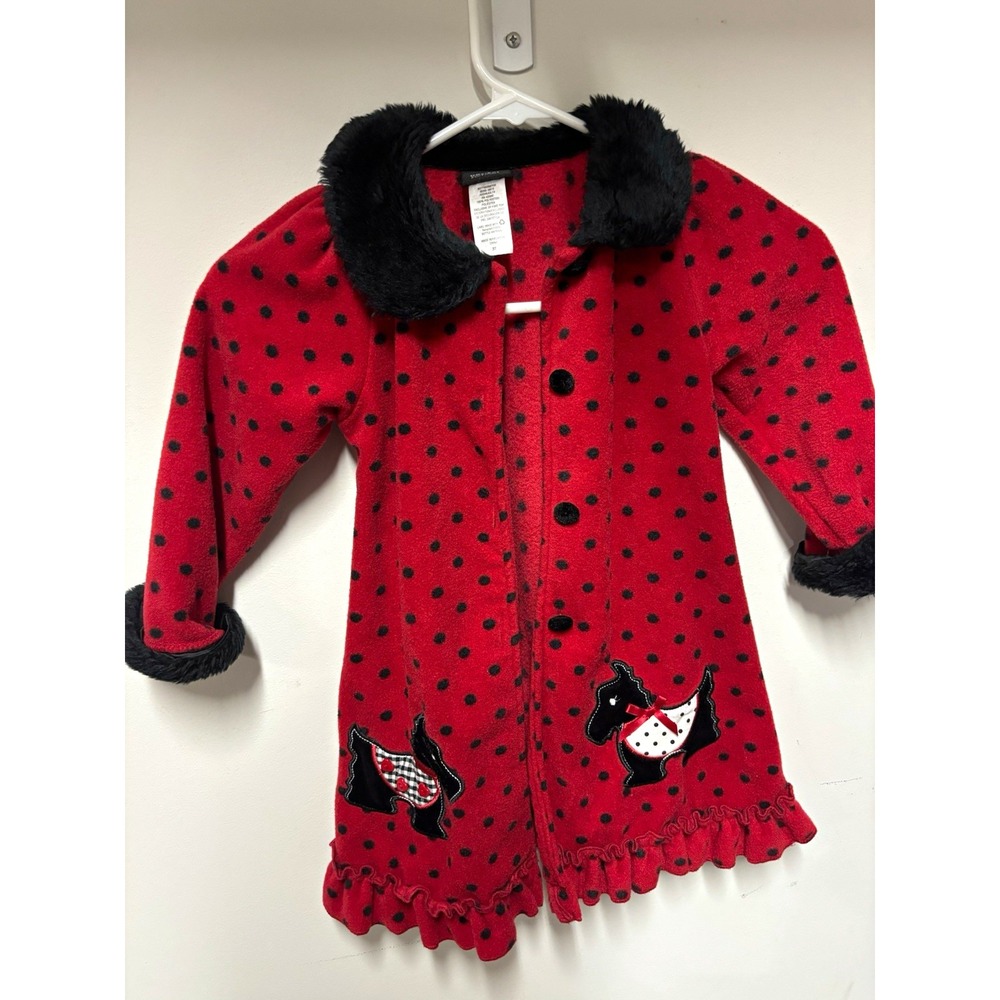 Holiday Editions Girls 3T Red Black Polka Dot Fleece Coat Scottie Dog Faux Fur
